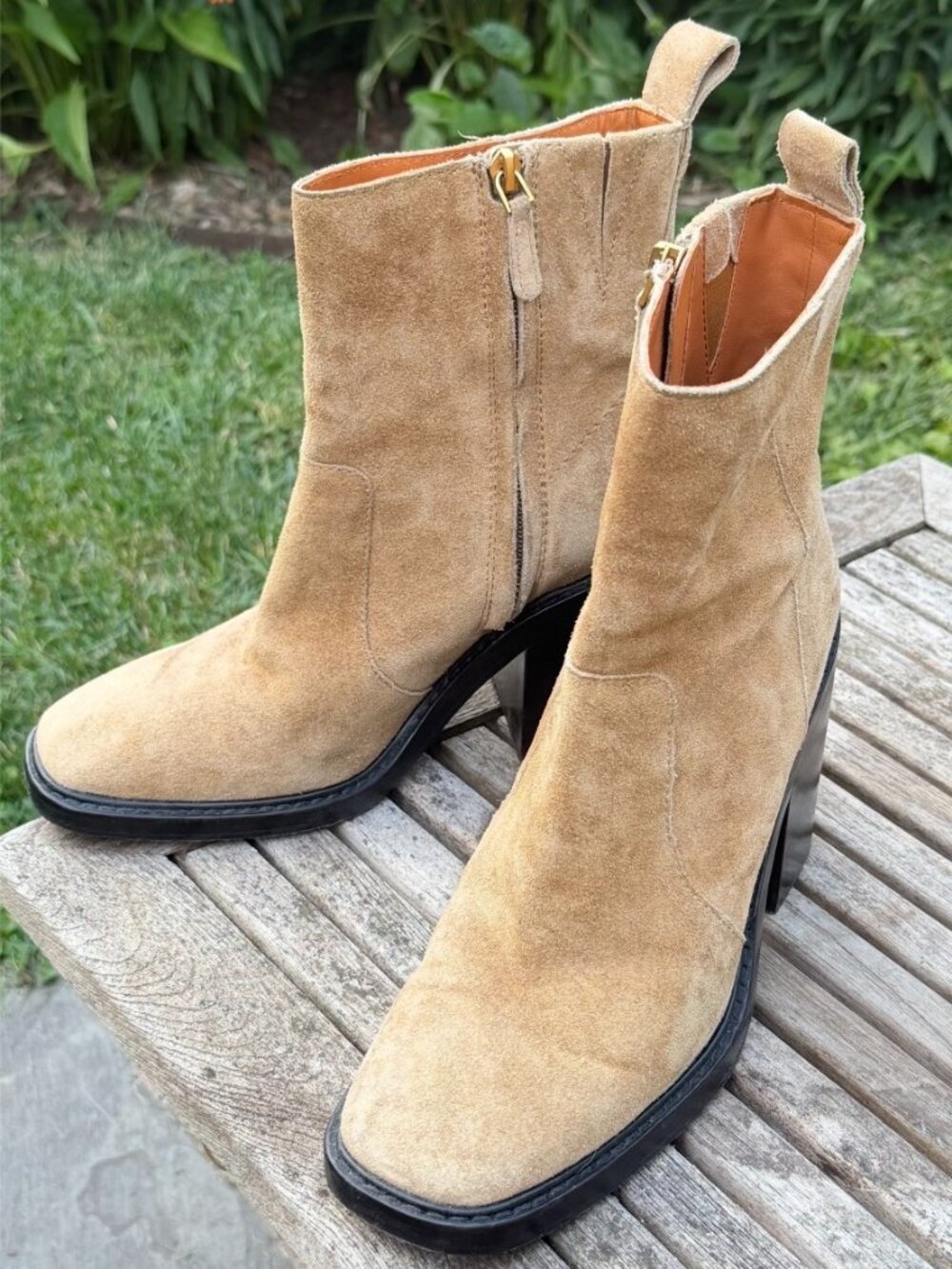 Tory Burch Sierra Heeled Ankle Boot Tan Suede Square Toe Size 9 Stacked Heel